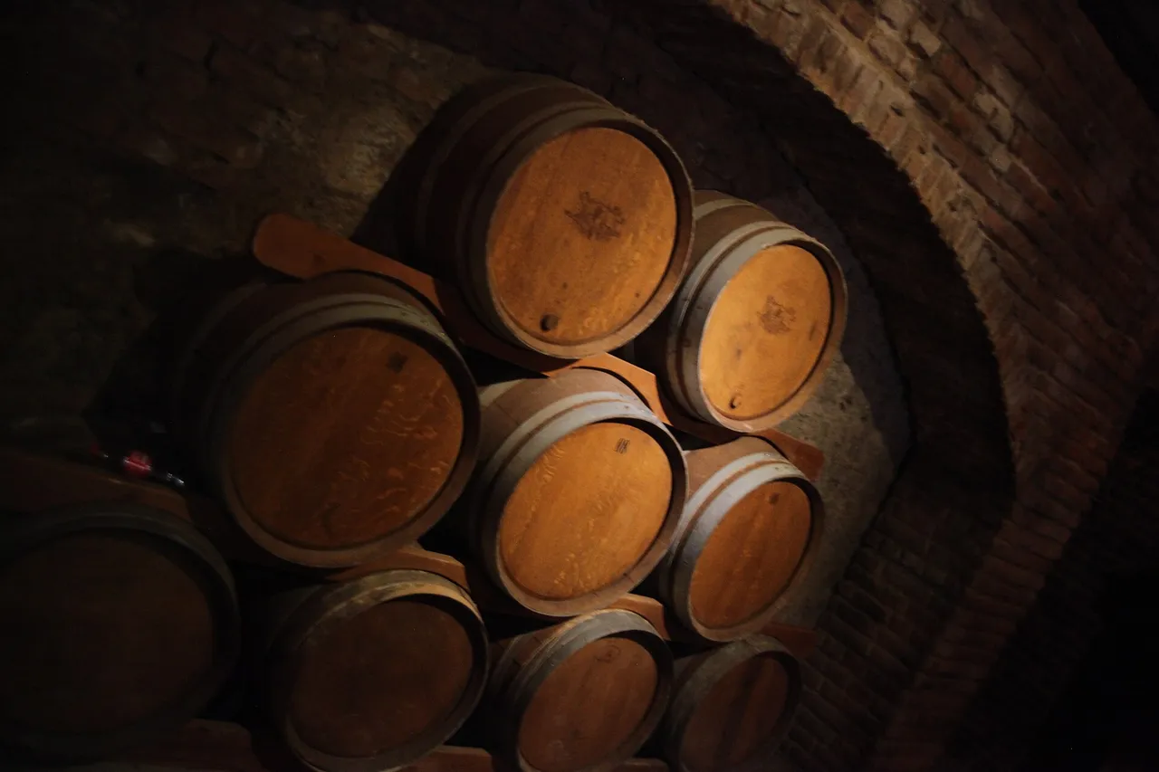 Alter Weinkeller mit grossen Holzfaessern zur Weinreifung